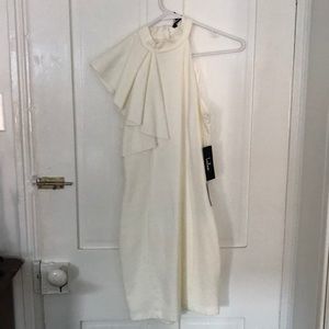 Ivory mini dress, with high neck and ruffle